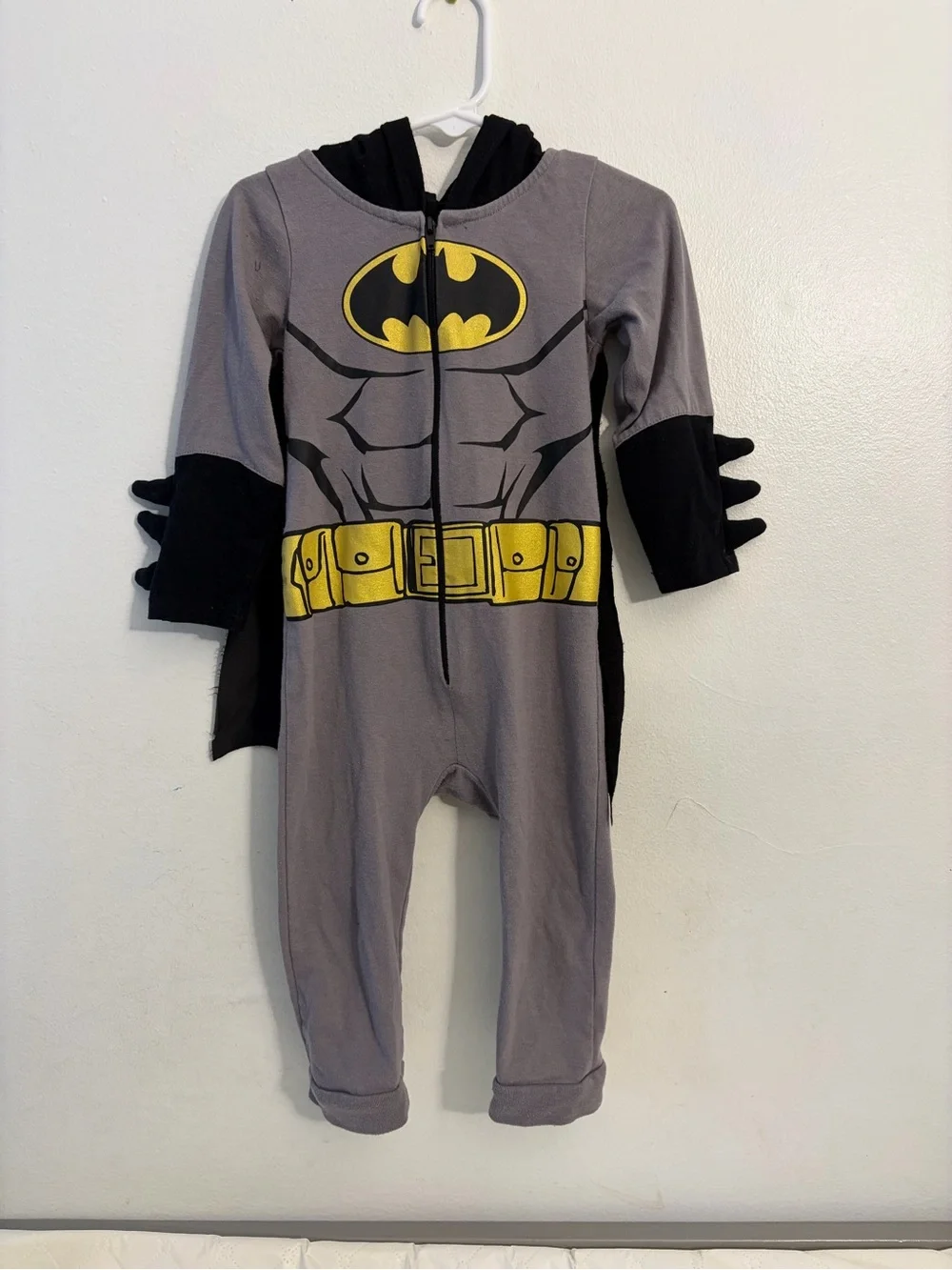 Batman Gray and Black Hooded Toddler Superhero Romper with Yellow Emblem. 24 mos